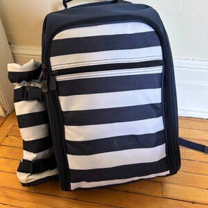 Blue & White Striped Picnic Basket Backpack, 4 Glasses, Plates, Full Set